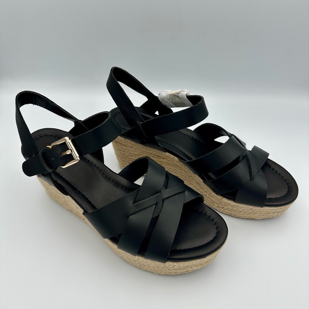 Aldo Meresha Black Espadrille Wedge Sandals Platform Strappy Ankle Strap 7.5 - Picture 3 of 13